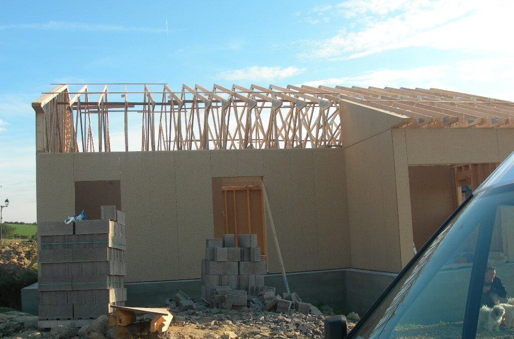 Mise en place et assemblage d’une maison en bois.